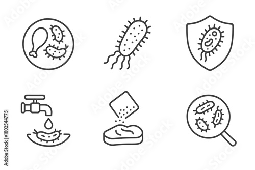 Microbiology Line Icons. Line style icons of microbiology: foodborne bacteria, salmonella icon, E. coli badge, listeria symbol,