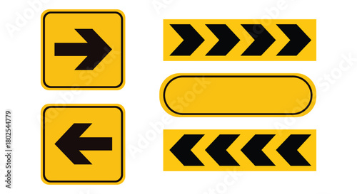 Set of Yellow Road Signs with Black Arrows on Transparent Background Signage for Traffic Construction Direction Symbol Caution Alert Indicator