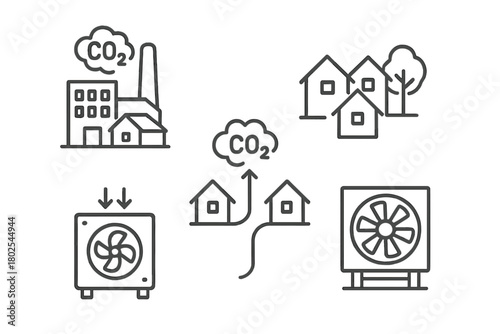 Community-Scale Carbon Capture. Line style icons of carbon capture: community-scale CCS, residential area icon, small capture box,