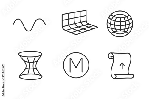 Astrophysics Line Icons. Line style icons of astrophysics: string theory icon, brane world, compactified dimension, Calabi-Yau