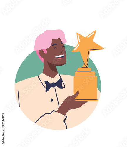 Young businessman holding star prize