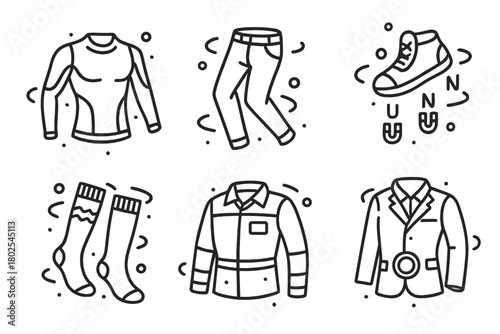 Zero-Gravity Clothing Icons. Line style icons of Clothing in Zero-Gravity: compression shirt, floating pants, magnetic shoe soles,