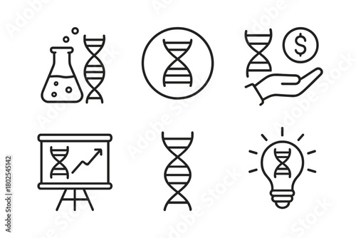 Genetic Engineering Icons. Line style icons of genetic engineering: biotechnology startup, DNA logo badge, biotech funding icon,
