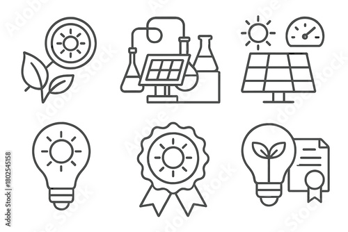 Renewable Energy Icons. Line style icons of renewable energy: renewable research icon, clean tech lab, solar efficiency test, wind