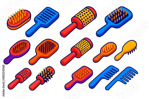 Colorful Hairdressing Tools. Isometric vector illustration set Hairdressing and Grooming Tools: blowout brush, smoothing brush,