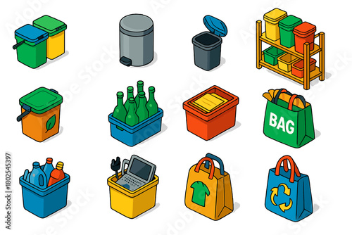Household Recycling Illustrated. Isometric vector illustration set Household Recycling: kitchen recycling bins, bathroom recycling