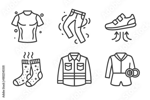 Zero-Gravity Clothing Icons. Line style icons of Clothing in Zero-Gravity: compression shirt, floating pants, magnetic shoe soles,