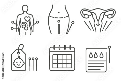 Acupuncture Icon Themes. Line style icons of acupuncture: reproductive health, fertility point diagram, uterus with needles icon,