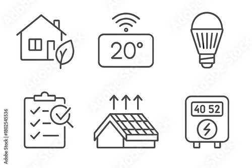 Renewable Energy Icons. Line style icons of renewable energy: energy-efficient home, smart thermostat, LED lighting icon, energy