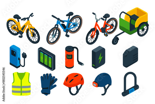 Electric Bike Essentials. Isometric vector illustration set electric bicycle: urban e-bike, electric gravel bike, electric trike,