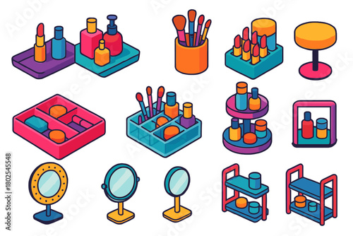 Makeup Essentials Icons. Isometric vector illustration set Makeup Essentials and Accessories: vanity tray, perfume tray, brush