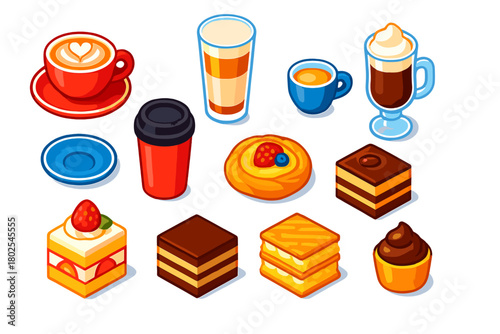 Coffee and Pastry Icons. Isometric vector illustration set Coffee Equipment and Breakfast Treats: cappuccino cup set, latte glass