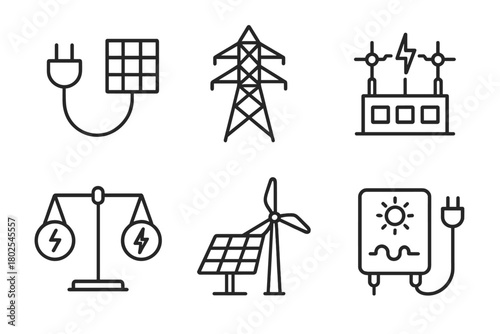 Renewable Energy Icons. Line style icons of renewable energy: power grid connection, transmission tower, substation icon, load