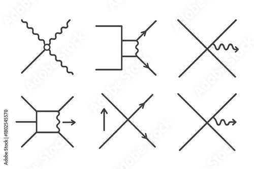 Particle Physics Icons. Line style icons of particle physics: weak force icon, W boson exchange, beta decay diagram, parity