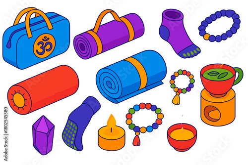 Yoga Essentials Icons. Isometric vector illustration set Yoga and Mindfulness Essentials: travel yoga kit, OM symbol embroidery,