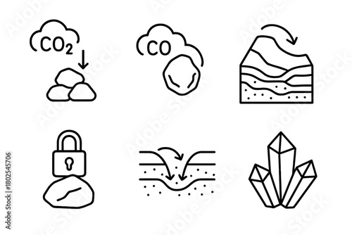 Carbon Capture Icons. Line style icons of carbon capture: mineralization process, CO2 to stone icon, rock formation transformation