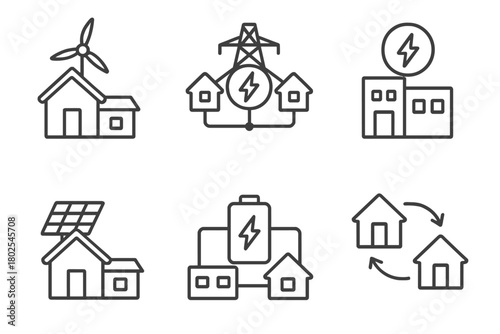 Renewable Energy Icons. Line style icons of renewable energy: rooftop wind turbine, microgrid system, decentralized power, home