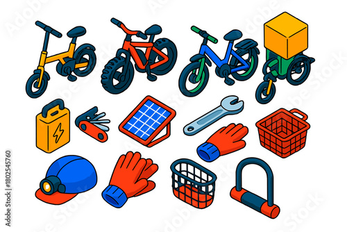 Electric Bicycle Icons. Isometric vector illustration set electric bicycle: compact city folding e-bike, off-road fat tire e-bike,