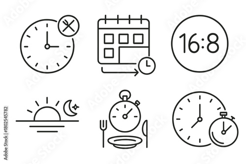 Intermittent Fasting Icons. Line style icons of intermittent fasting: fasting clock symbol, eating window chart, 16:8 schedule