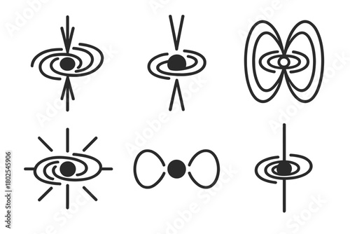 Black Hole Icons. Line style icons of black holes: black hole jets, relativistic jet icon, magnetic funnel, perpendicular emission