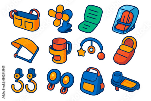 Vibrant Stroller Accessories. Isometric vector illustration set Baby Essentials: stroller organizer, stroller fan, stroller liner,
