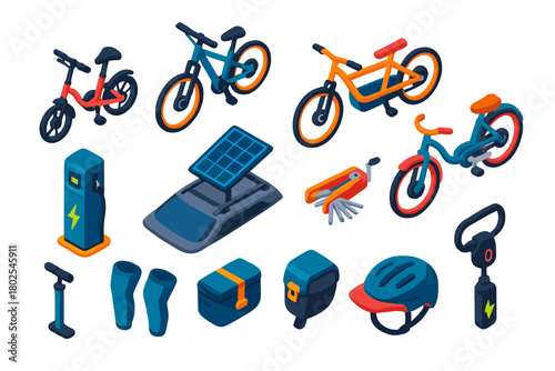 Isometric E-Bike Collection. Isometric vector illustration set electric bicycle: urban folding e-bike, electric gravel e-bike,
