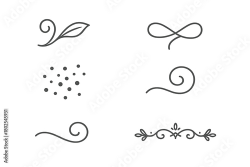 Artistic Line Icons. Line style icons of Artistic Flourishes and Accents: leaf swirl, ribbon loop, dot scatter, arc swirl,