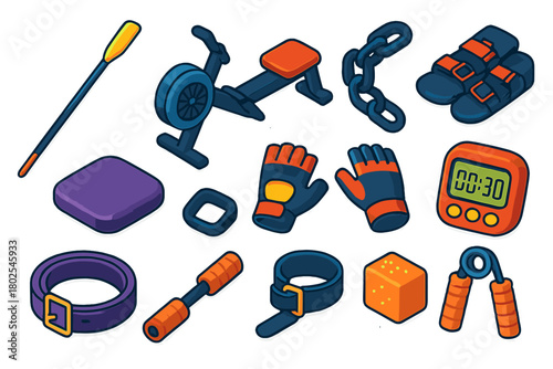 Collection of fitness equipment and accessories, including a rowing machine