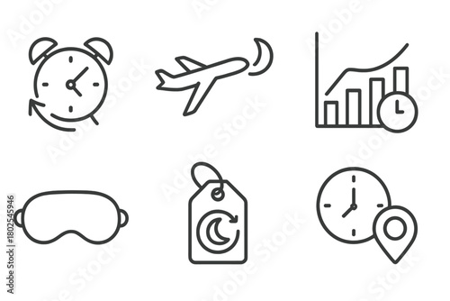 Sleep Therapy Icons. Line style icons of sleep therapy: jet lag solutions, airplane with moon icon, time zone adjustment chart,