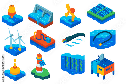 Sustainable Energy Icons. Isometric vector illustration set Energy and Sustainability: wave energy converter, tidal barrage,