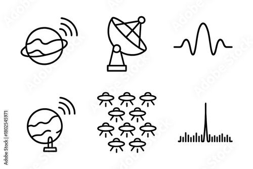 Exoplanet Signal Search. Line style icons of exoplanets: artificial signal search, radio telescope dish, narrowband signal, SETI