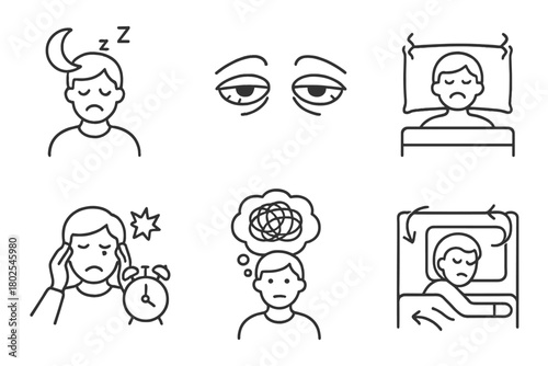 Sleep Therapy Icons. Line style icons of sleep therapy: insomnia symptoms, tired eyes icon, restless figure in bed, alarm clock