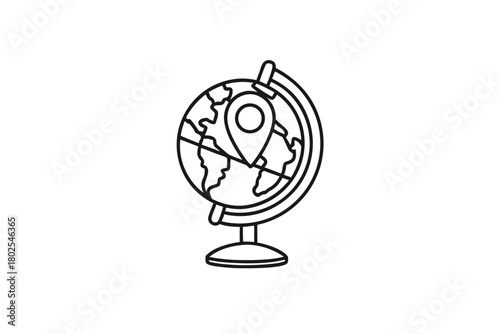 Black outline globe with continent and map pin represents global travel location