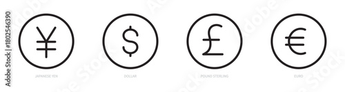 Currency line icon set. 4 types of world currencies. Japanese yen, dollar, pound sterling, euro sign, symbol. Business, economy, finance, money, bank concept. Vector illustration. Editable stroke.