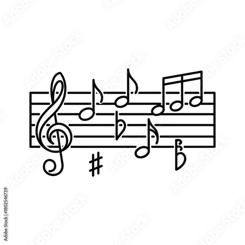 Classic musical staff with varied notes, a prominent treble clef, sharp, and flat symbols, in a clean line art illustration.