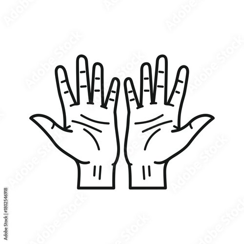 Line art illustration of two open hands with palms facing upwards, depicting human anatomy, gesture, and potential palmistry.