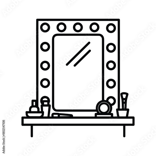 Makeup vanity mirror with lights and cosmetic products outline icon illustration. dressing table with beauty items. style and glamour concept.