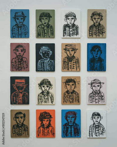 Sixteen colorful drawings of young people with hats line a gallery wall in a display