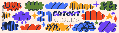 Whimsical cloud collage with abstract drops and hand-drawn shapes. Rough outlines and bright tones create a fun, childlike mood. Perfect for kids decor or weather-themed art