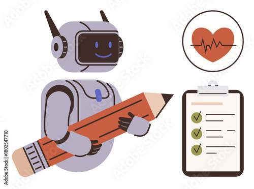 Robot with pencil near checklist and heart icon suggests tech in health tracking, productivity, and creativity. Ideal for healthcare, AI, self-care, organization, medical tech, habit-building simple