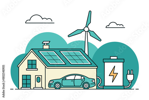 A house with solar panels and an electric car charging station represents sustainable energy concepts.