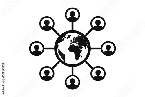 Black silhouette shows a globe interconnected with person icons on a white background