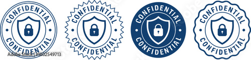 Set Of Four Circular Blue Confidential Security Stamps Or Badges Featuring A Shield And Lock Icon, Representing Data Protection, Privacy, And Document Secrecy