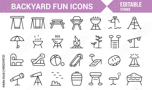 Thin Line Icons of Outdoor Recreation, Toys, and Garden Accessories