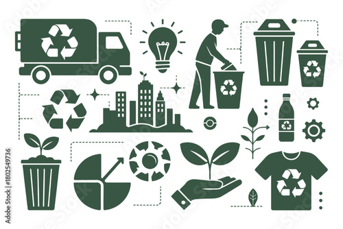 Recycling and sustainability icons illustrate eco-friendly urban living and resource management.
