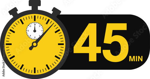 45 minutes timer icon with stopwatch symbol, black and white vector graphic for measurement, fast delivery, service time, or countdown