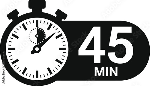 45 minutes timer icon with stopwatch symbol, black and white vector graphic for measurement, fast delivery, service time, or countdown