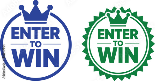 Set Of Two Circular Enter To Win Blue And Green Promotional Badges With Crown Icons, Ideal For Marketing Contests, Giveaways, And Digital Advertising
