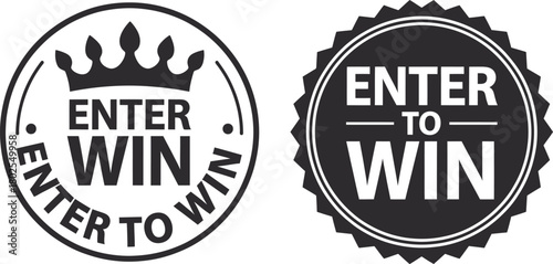 Set Of Two Circular Enter To Win Black And White Promotional Badges Or Stamps Featuring A Crown Icon, Ideal For Contest, Giveaway, Or Lottery Advertising