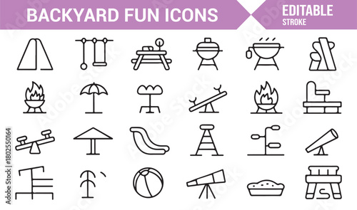 Editable Stroke Icons of Garden Fun, Grills, Playsets, and Summer Items